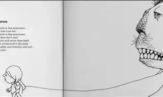 cartoon of a child leading an elephant sized cat on a leash