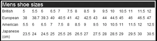 Shoe size conversion table from www.leathertabi.net/footsizechart.html