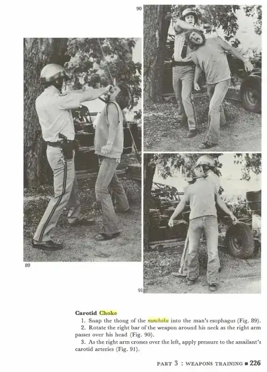 illustration of a nunchaku choke from *Techniques of Vigilance: A Textbook for Police Self Defense*