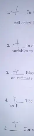 a photo of five true-or-false blanks with ambiguous "T" and "F" letters in each