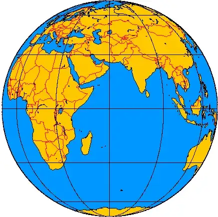 Orthographic projection of the Earth from 30W to 150E. By Planiglobe, CC-BY 2.5.