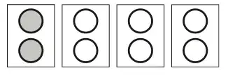 A diagram of 8 dots in 4 columns of 2. A rectangle is drawn around each column. The dots in the first column are shaded.