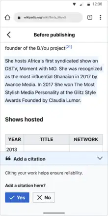  A screenshot showing a dialog within the mobile visual editor that prompts people to add a reference when they do not do so on their own.