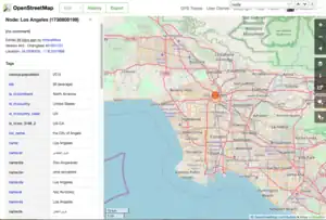A screen from OpenStreetMap shows data for the city of Los Angeles. You can see a local "name," with no language code, as well as several multilingual names that identify the languages using two-letter codes—ar (Arabic), &nbsp;ba (Bashkir), bn (Bengali), etc.