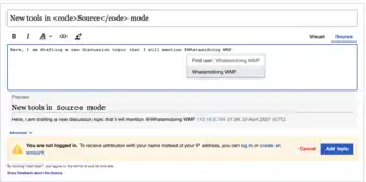A screenshot showing the New Discussion Tool's <code>Souce</code> mode enhanced with tools for adding links and pings to the topics you write.