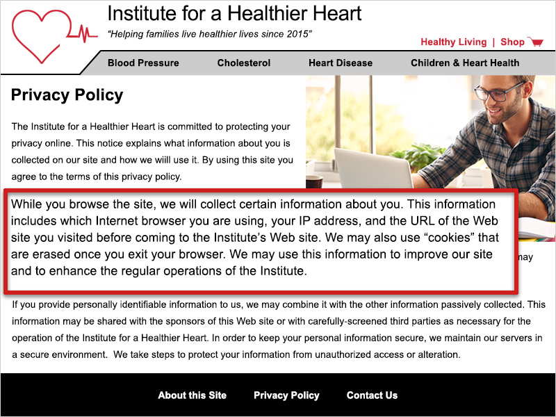Screenshot of the IHH 'Privacy Policy' page. A red box highlights a section of content that states the IHH will collect specific information from the user while they browse the site.