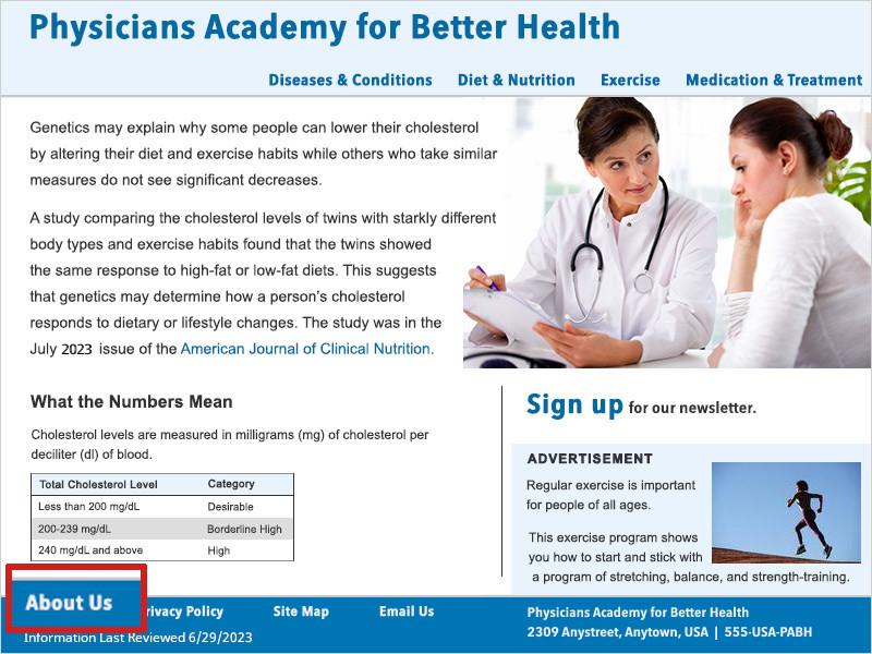 Screenshot of Physicians Academy for Better Health (PABH) homepage. A red box outlines the link to the 'About Us' page in the footer area at the bottom of the page.