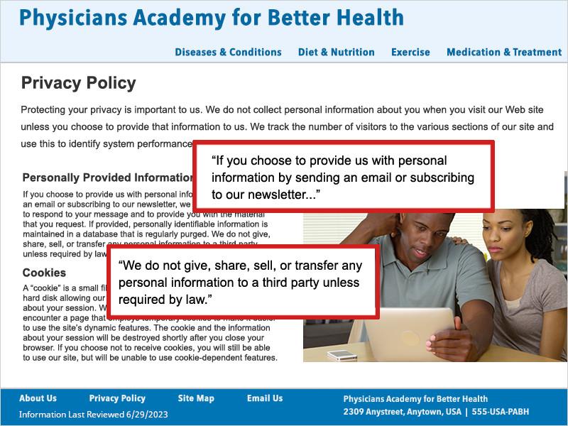 Screenshot of the PABH 'Privacy Policy' page. There are three paragraphs of content on the page. One red box highlights the text 'If you choose to provide us with personal information by sending an email or subscribing to our newsletter...' and another outlines the text 'We do not give, share, sell, or transfer any personal information to a third party unless required by law.'