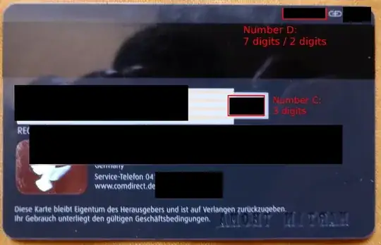 Back of the card. Number C: 3 digits in the center of the card. Number D: 7 digits / 2 digits at the top right of the card.