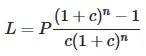 MathJax formula: $$L=P\frac{(1+c)^n-1}{c(1+c)^n}$$