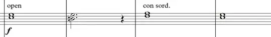 Violin passage with break before change to con sordino