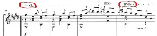 the image is of measures 9 through 13 with the areas in question circled.  you can see the indicated BIV3 and BVII6 are circled in red. what do the  numbers after the roman numerals mean? This is a classical piece.