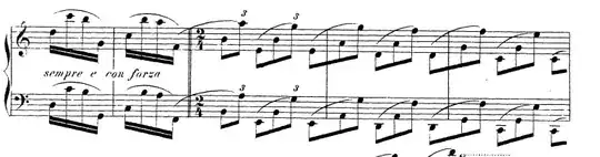 triplets beamed across the barline, from Brahms' variations