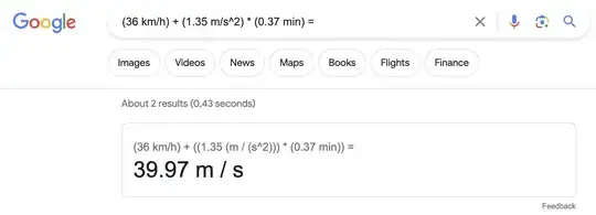 Screenshot of "(36 km/h) + (1.35 m/s^2) * (0.37 min) = 39.97 m/s" calculated using Google