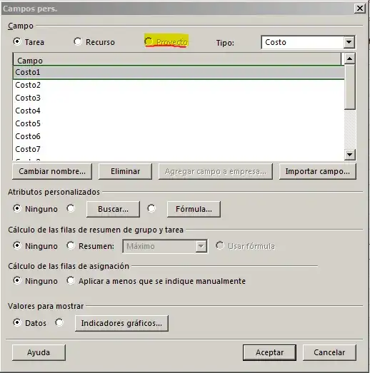 Custom Fields dialog - Project radio button disabled
