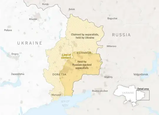 image of the eastern end of Ukraine and part of Russia. Luhansk and Donetsk are shaded yellow and labelled 'claimed by separatists, held by Ukraine' and a darker yellow shaded area on the south-east point labelled 'held by Russian-backed separatists'