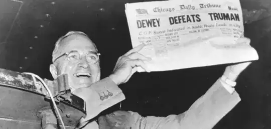 The infamous picture of President Truman holding a Chicago Daily Tribune newspaper with the headline "Dewey Defeats Truman"