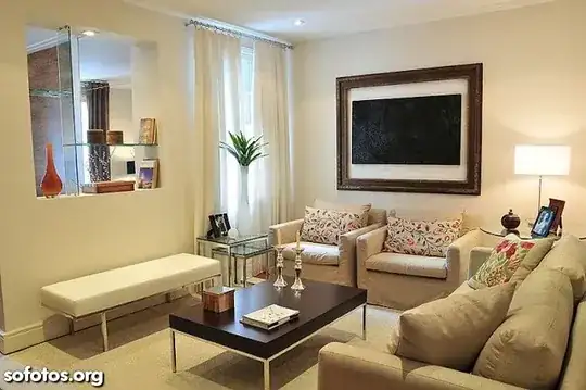 uma sala de estar, com sofá uma mesinha e bibelôs de decoração