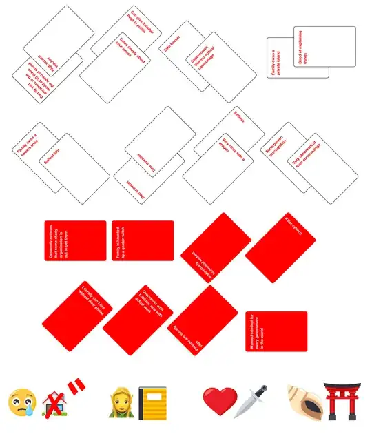 Red and white cards oriented all over the place, with emoji at the bottom