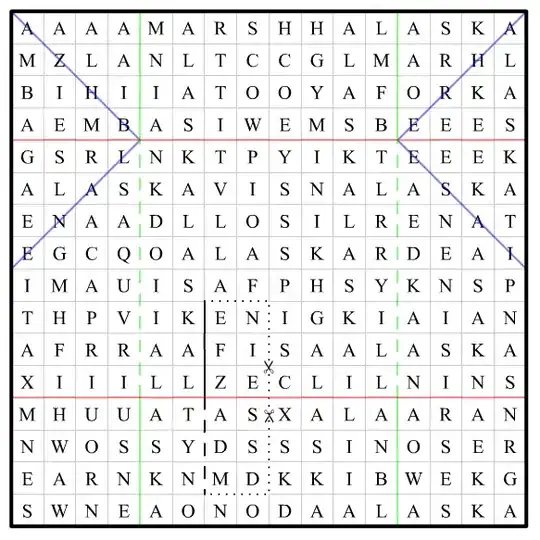 A square grid of letters with coloured lines over it