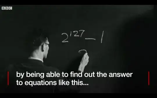 Still image from the video: bespectacled man facing away from the camera writes 2¹²⁷ − 1 on a chalkboard; text below says ‘by being able to find out the answer to equations like this…’