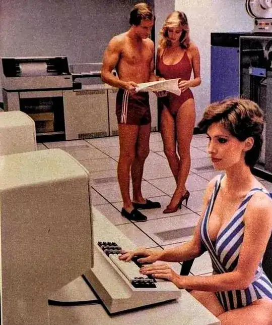 a woman wearing a swimsuit operating a computer in front, a man and a woman wearing swimsuits reading in the background