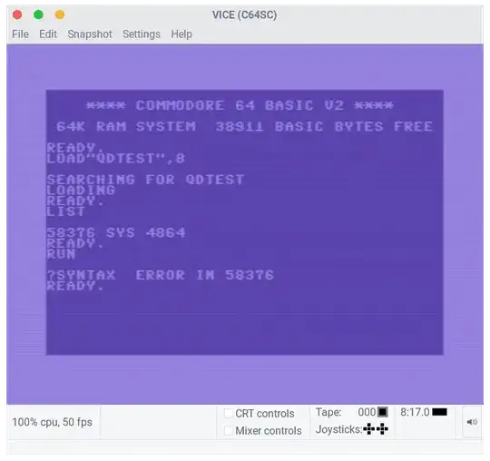 Demonstration in VICE of the above, resulting in an error message: ?SYNTAX ERROR IN 58376