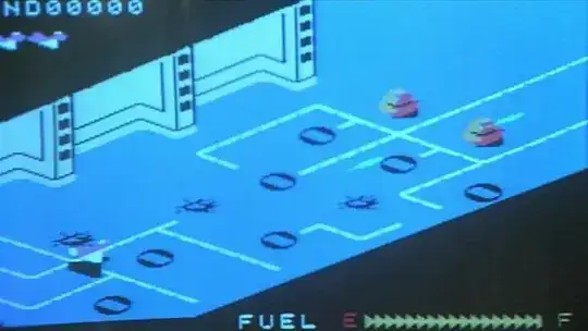 Screenshot of the game. The play area shows some kind of air- or spacecraft flying through a tunnel from an isometric perspective. At the top of the screen, apparently partially obscured, there appears to be some kind of score counter, which reads ‘ND00000’ and lives indicator, with two craft visible. At the bottom, there is a fuel indicator made of filled triangles pointing right, with the ‘full’ position labelled ‘F’ and the ‘empty’ position labelled ‘E’.