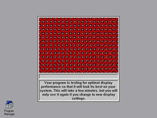 A gray Windows 3.x desktop, on top of which a single window without a title bar is displayed. Inside the window, there is a maze of red squiggles which shifts and changes size; below the maze there is a progress bar that starts empty and runs up to 10%, and the following caption typeset in the System font: Your program is testing for optimal display performance so that it will look its best on your system. This will take a few minutes, but you will only see it again if you change to new display settings. A Program Manager icon is seen in the bottom-left corner of the screen.