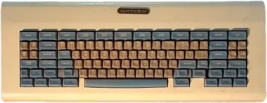 Photograph of a space-cadet keyboard showing the partially recessed Shift keys