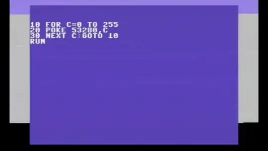 Screenshot of a Commodore 64 running a BASIC program.  One can notice three wide colour bands in the background.