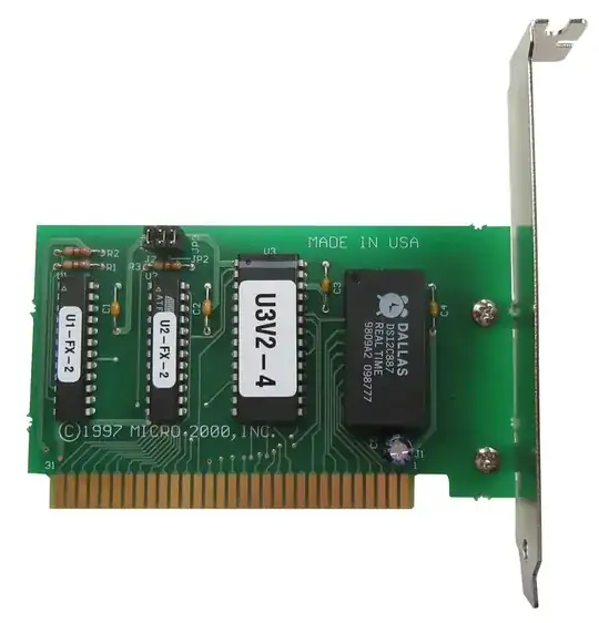 An 8-bit ISA card labelled ‘© 1997 Micro 2000, Inc.’, with a Dallas 12C887 RTC, a similar-size chip with a sticker labelled U3V2-4 (presumably the ROM), and two narrower chips labelled U1-FX-2 and U2-FX-2, also using stickers.
