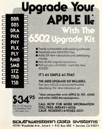 Southwestern Data Systems advert for 65c02 upgrade for Apple IIe