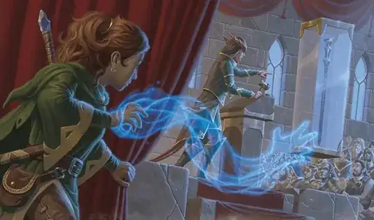A wizard hides behind a curtain, while a hand made out of blue smoke reaches out, visibly connected back to her own hand.