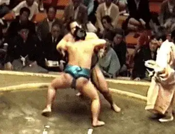 Sumo wrestlers grappling, one of whom forces the other back and out of the ring