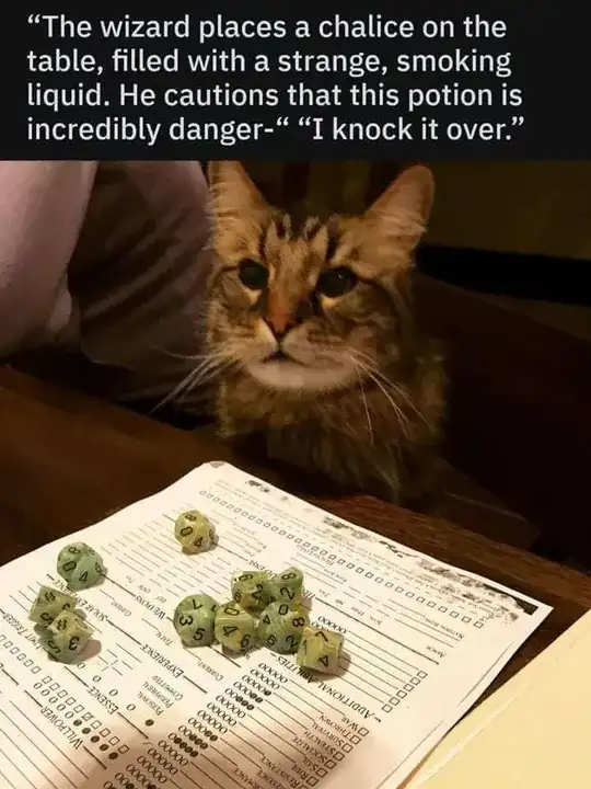 A medium hair gray tabby cat sits at a table before a character sheet and a pile of 10-sided dice. The caption reads " 'The wizard places a chalice on the table, filled with a strange, smoking liquid. He cautions that this potion is incredibly danger-' 'I knock it over.' "