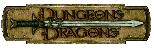 The D&D logo used for 3rd Edition and “v.3.5 Revised Edition” products, which consists of the words “Dungeons & Dragons” on three lines, with a sword lying horizontally, pointing to the right, depicted beneath the ampersand, all on a brown emblem textured to look like metal.
