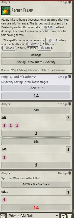 Image of Combat Log showing 4 1's rolled on 4d8, and then a natural 1 on an attack roll