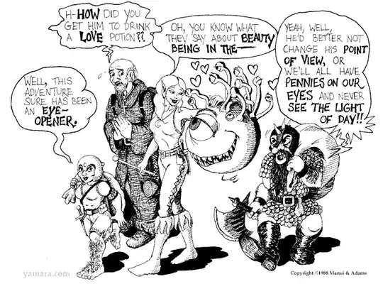 An elf says to her beholder friend: "Oh, you know what they say about the beauty being in the–"