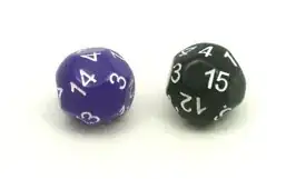 two 15-sided dice, which look sort of like a sphere with intermittent flat bits