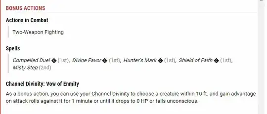 Screenshot of "Bonus Actions" section of my character sheet on D&D Beyond, including the Vow of Enmity text quoted above.