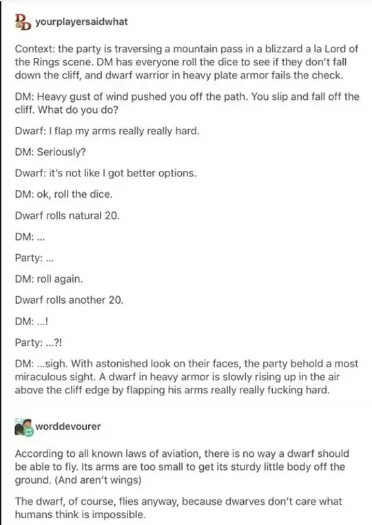 Player Expectations Transcript (of chat between "yourplayersaidwhat" and "worddevourer"):
yourplayersaidwhat:
Context: the party is traversing a mountain pass in a blizzard a la Lord of the Rings scene. DM has everyone roll the dice to see if they don’t fall down the cliff, and dwarf warrior in heavy plate armor fails the check.
DM: Heavy gust of wind pushed you off the path. You slip and fall off the cliff. What do you do?
Dwarf: I flap my arms really really hard.
DM: Seriously?
Dwarf: it’s not like I got better options.
DM: ok, roll the dice.
Dwarf rolls natural 20.
DM: ...
Party: ...
DM: roll again.
Dwarf rolls another 20.
DM: ...!
Party: ...?!
DM: ...sigh. With astonished look on their faces, the party behold a most miraculous sight. A dwarf in heavy armor is slowly rising up in the air above the cliff edge by flapping his arms really really fucking hard.
worddevourer: According to all known laws of aviation, there is no way a dwarf should be able to fly. Its arms are too small to get its sturdy little body off the ground. (And aren't wings)
The dwarf, of course, flies anyway, because dwarves don't care what humans think is impossible.