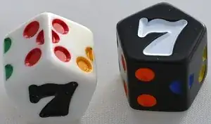 This seven-sided die shaped like a pentagon, but thick, with the 1 through 5 around the five sides of the pentagon, and the 6 and 7 on the front and back faces of it.