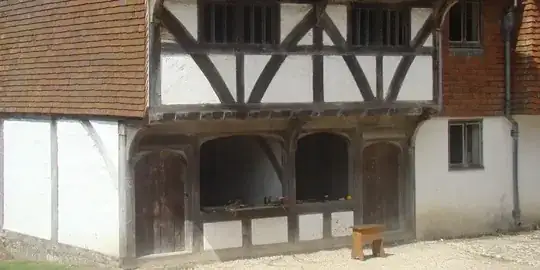 A medieval shopfront. There are two wide open windows with counters between two closed doors. Objects litter the counters, and a stool sits outside.