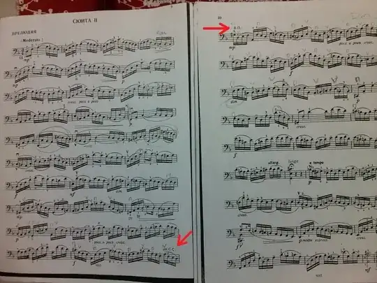 Sheet music of Bach's Cello Suite No. 2 in D minor, BWV 1008. The instructions "до С.С." appears part way through the 31st measure, (the last measure of the first page). The instruction "В.П." appears at the start of the second page.