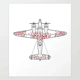 Airplane top-view with multiple red dots indicating bullet holes