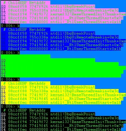 Screenshot of WinDbg with different background colors