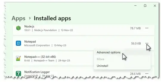 Windows 11 settings - Apps Notepad Advanced options