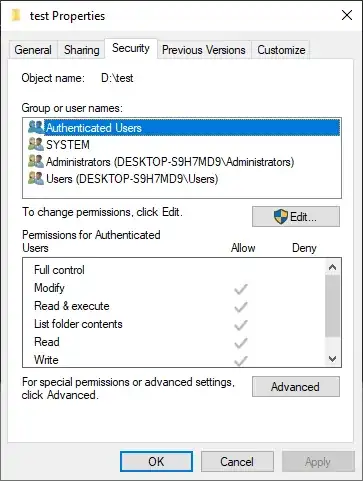 security tab of test folder's properties