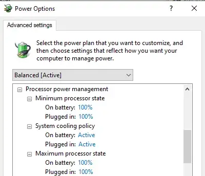 Power Options window with following settings: Minimum processor state: 100%, maximum processor state: 100%, system cooling policy: active